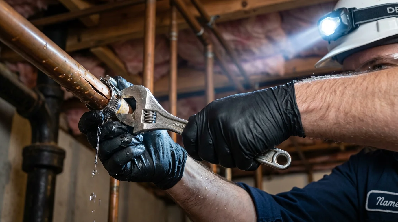 Emergency pipe clamp repair being performed by a Johns Plumbing LLC plumber in Ilion