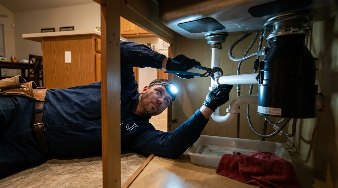 P-trap and supply line connections under a kitchen sink showing a common leak point in Ilion, NY